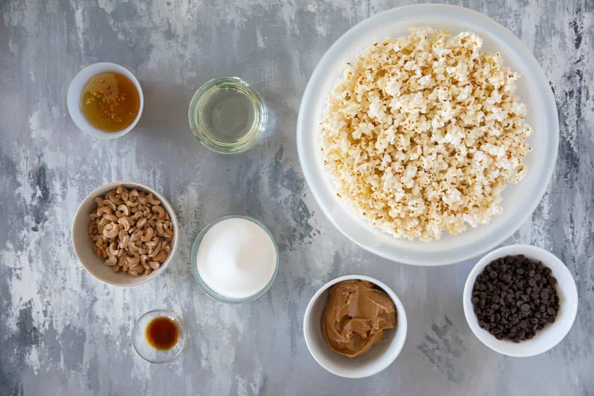 Ingredients for Peanut Butter, Chocolate, and Cashew Popcorn.