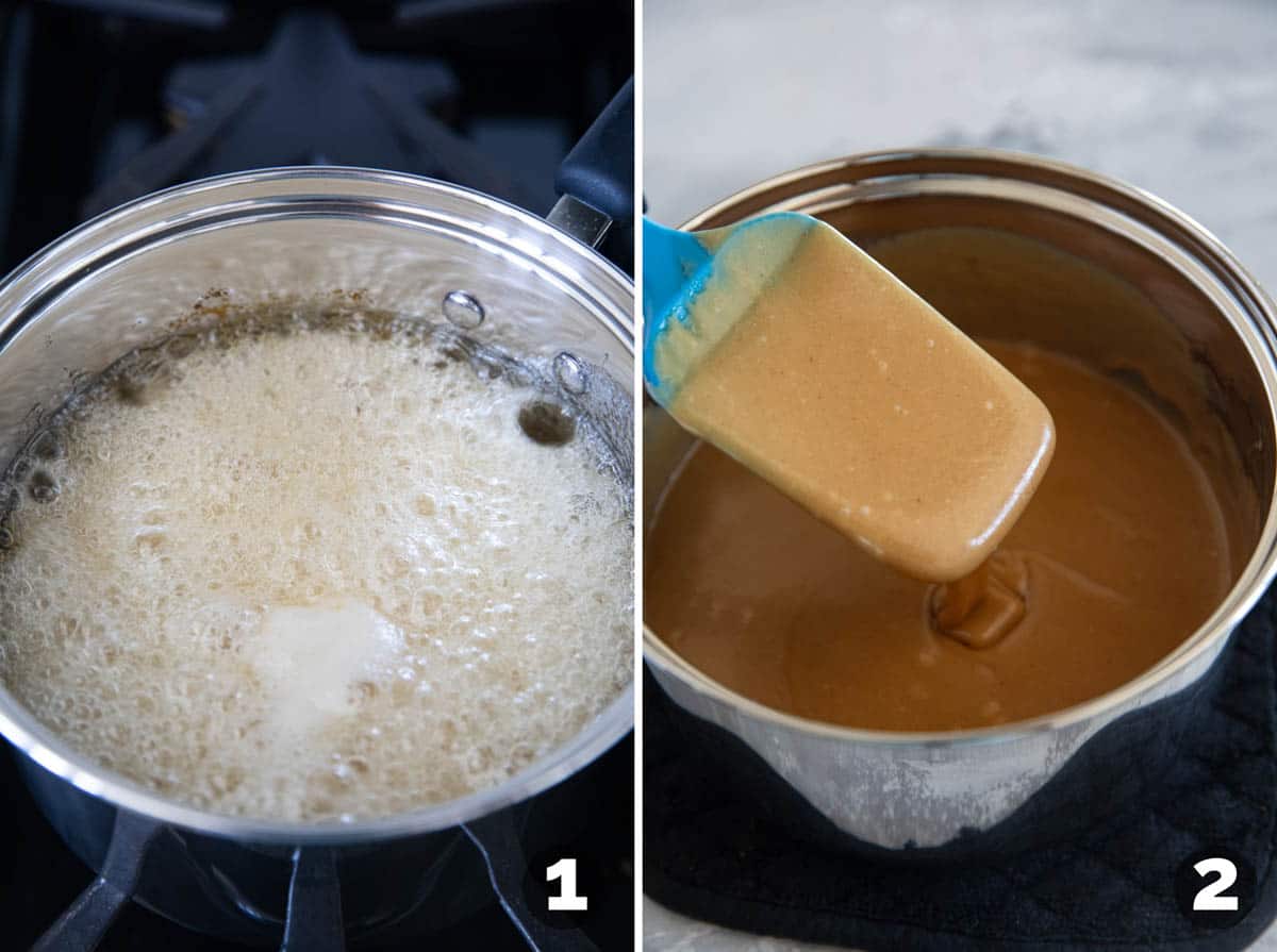 Making peanut butter sauce for Peanut Butter, Chocolate, and Cashew Popcorn.