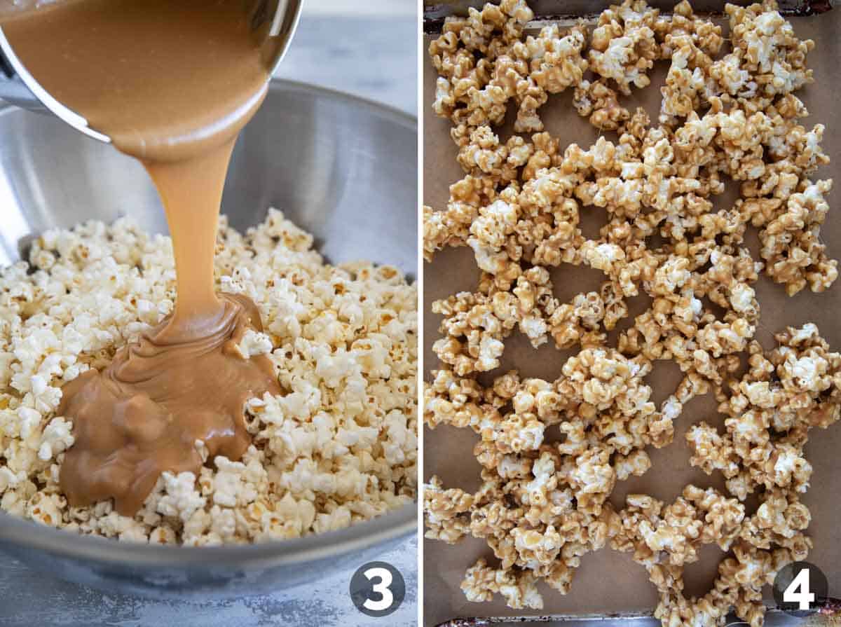 Adding peanut butter sauce to popcorn, then laying it out to dry.