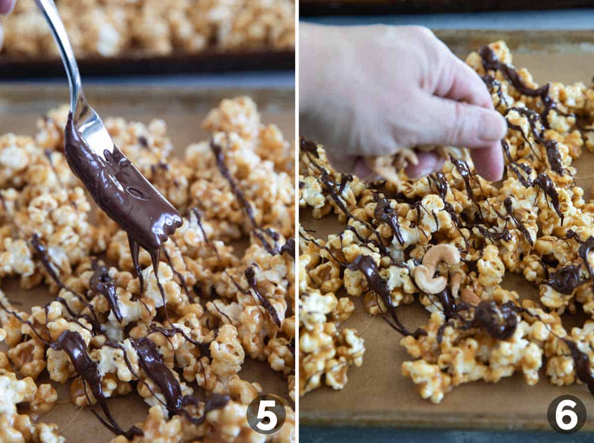 Drizzling peanut butter popcorn with chocolate, then adding cashews.