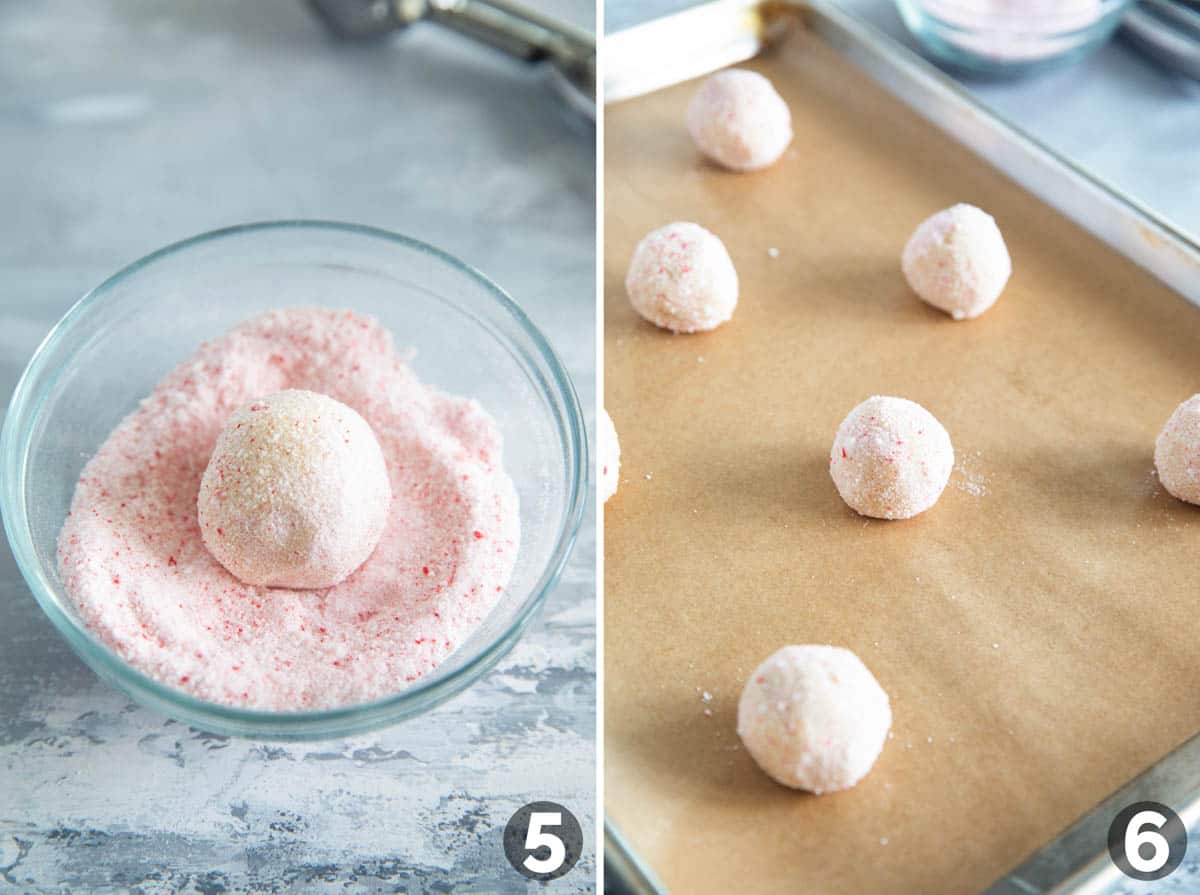 Rolling peppermint snickerdoodle dough in crushed candy canes.