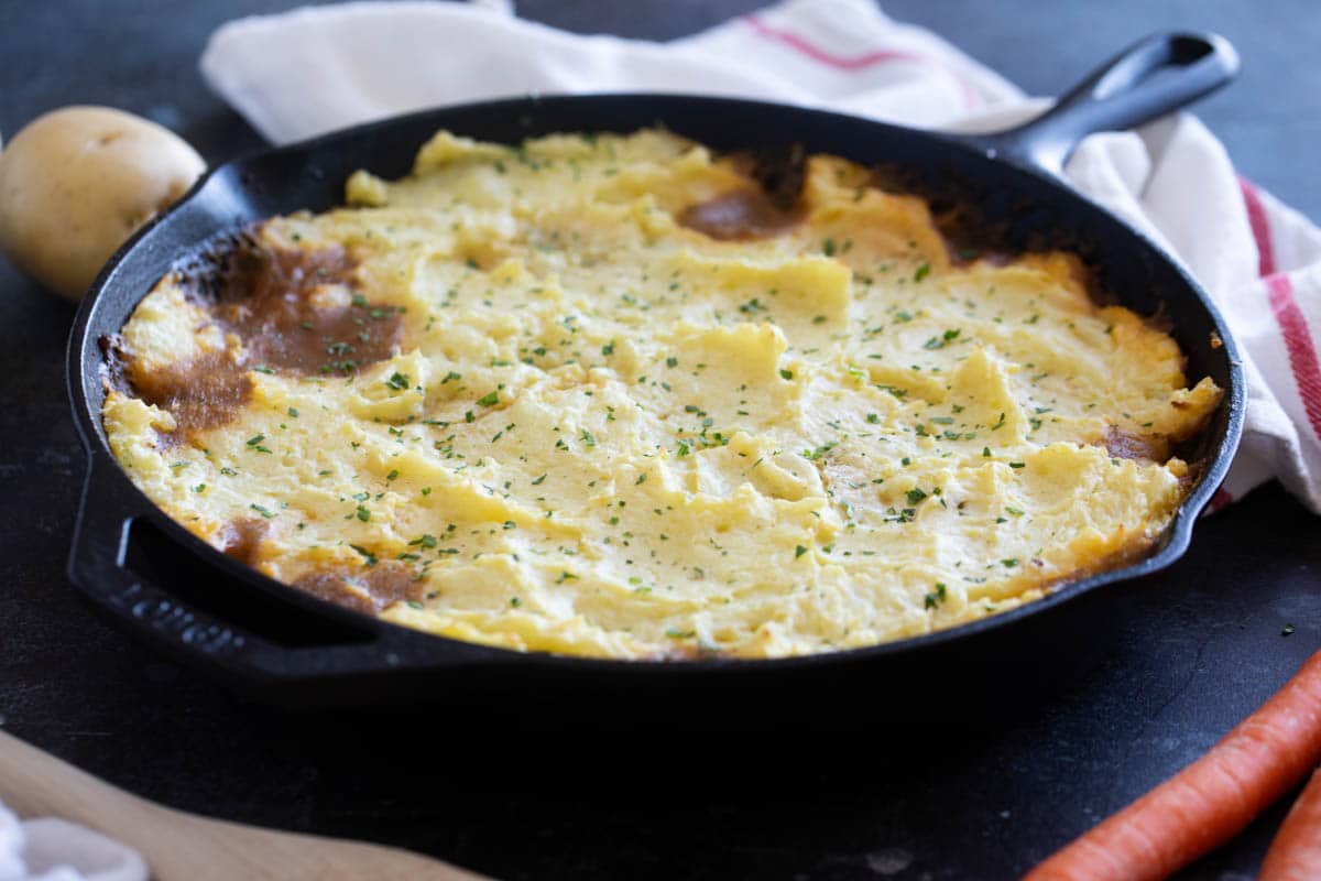 Cast iron skillet with Shepherd's Pie.