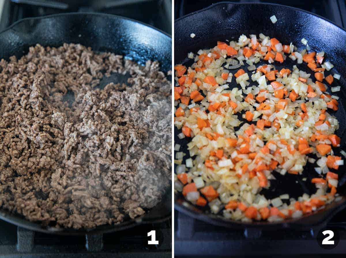 Browning ground beef and softening vegetables in a cast iron skillet.