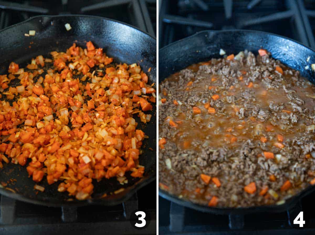 Adding ingredients to make filling for shepherd's pie.