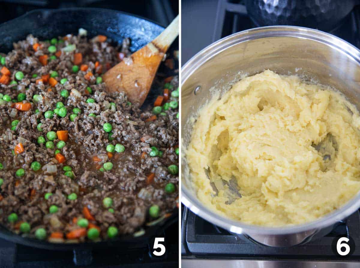 Finishing filling for Shepherd's Pie, and making mashed potatoes for topping.