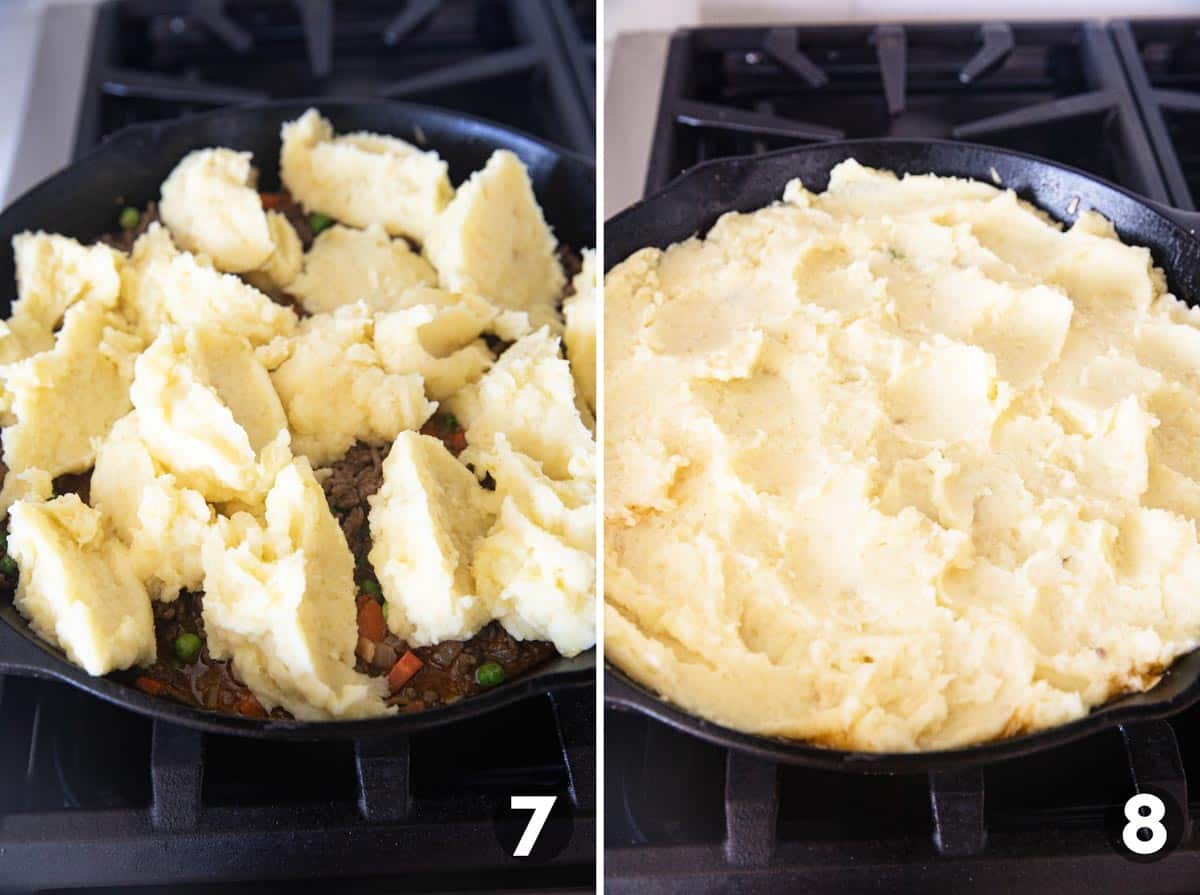 Adding mashed potatoes to the top of Shepherd's Pie.