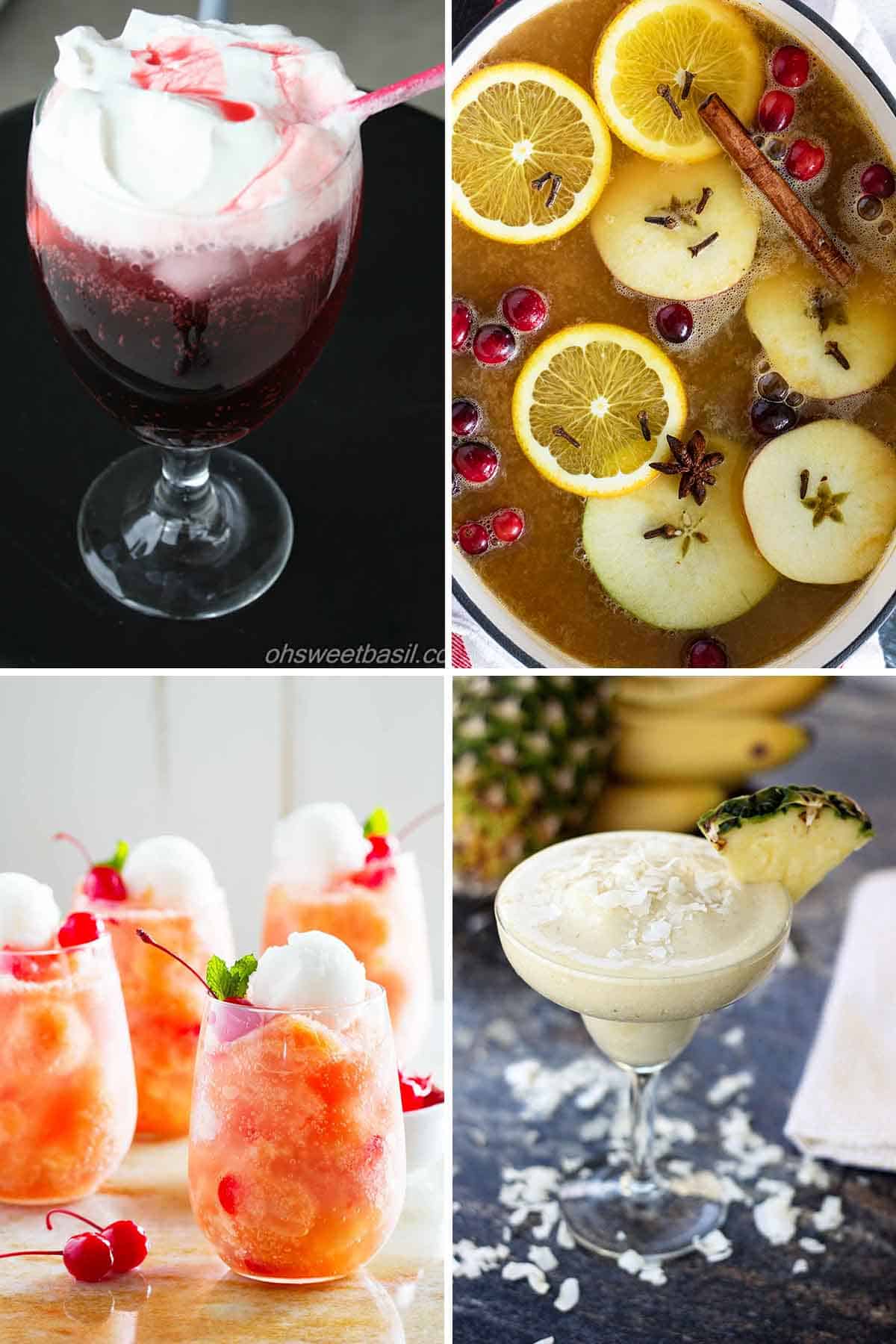 Collage with 4 different family friendly drinks.