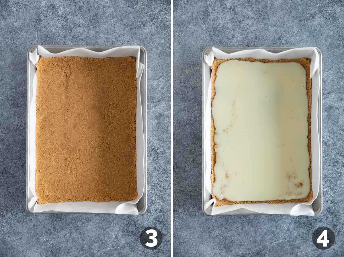 Making a graham cracker crust and adding sweetened condensed milk to 7 Layer Bars.