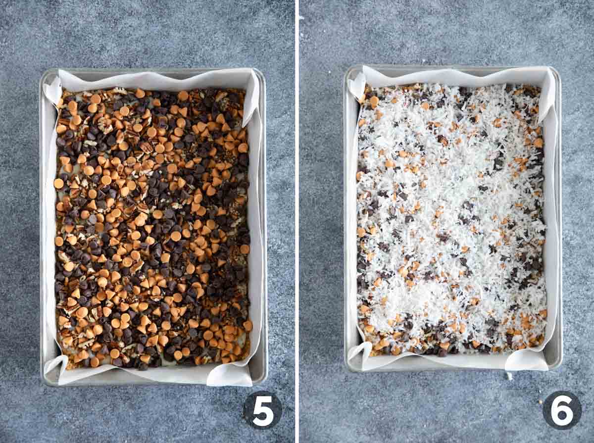 Adding semi-sweet chocolate chips, butterscotch chips, pecans, and coconut to 7 Layer Bars.