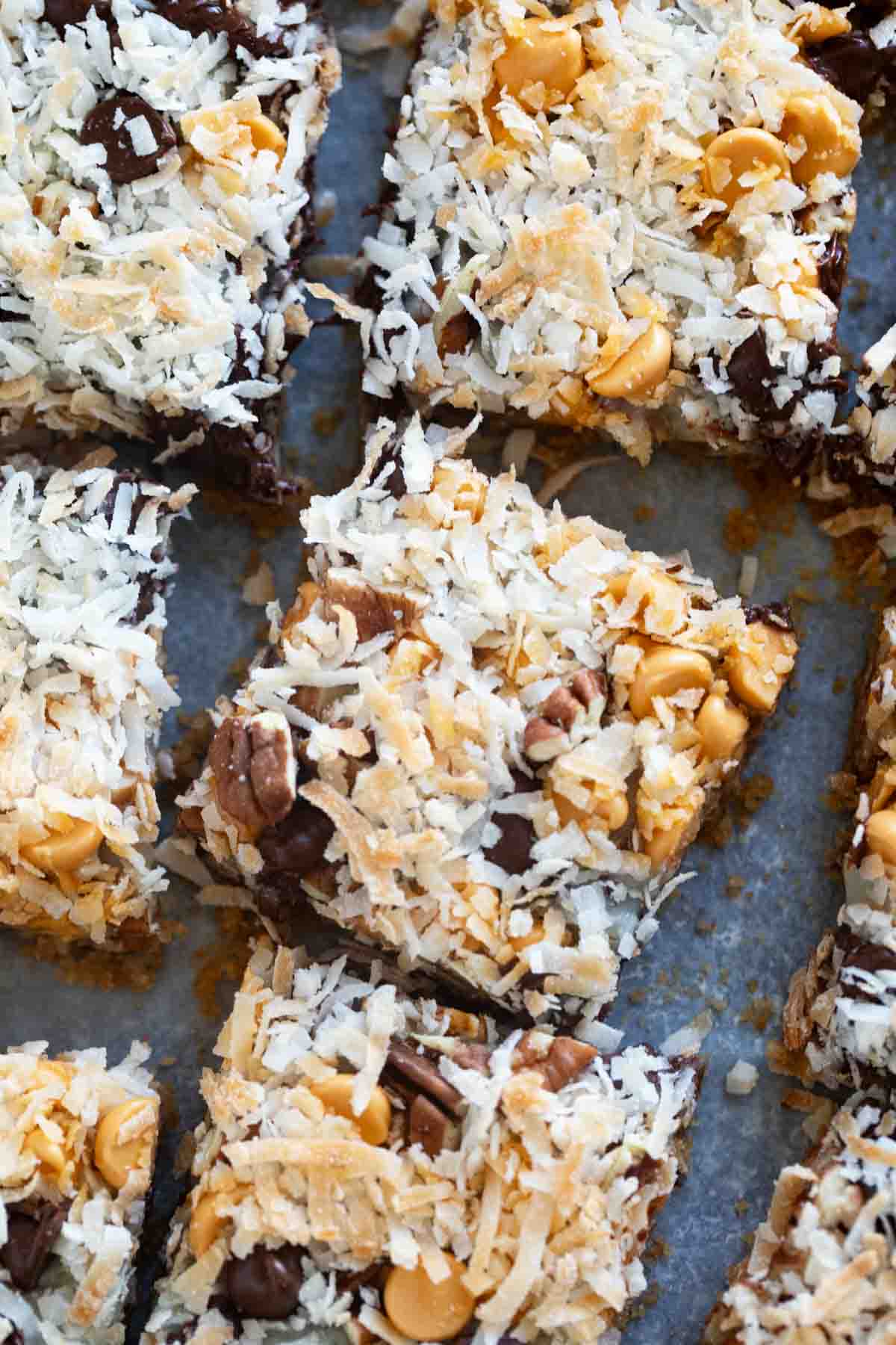 7 Layer Bars topped with toasted coconut.