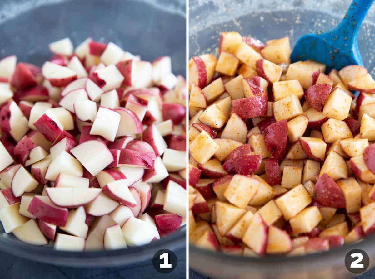 Mixing diced potatoes with oil and spices for breakfast potatoes.