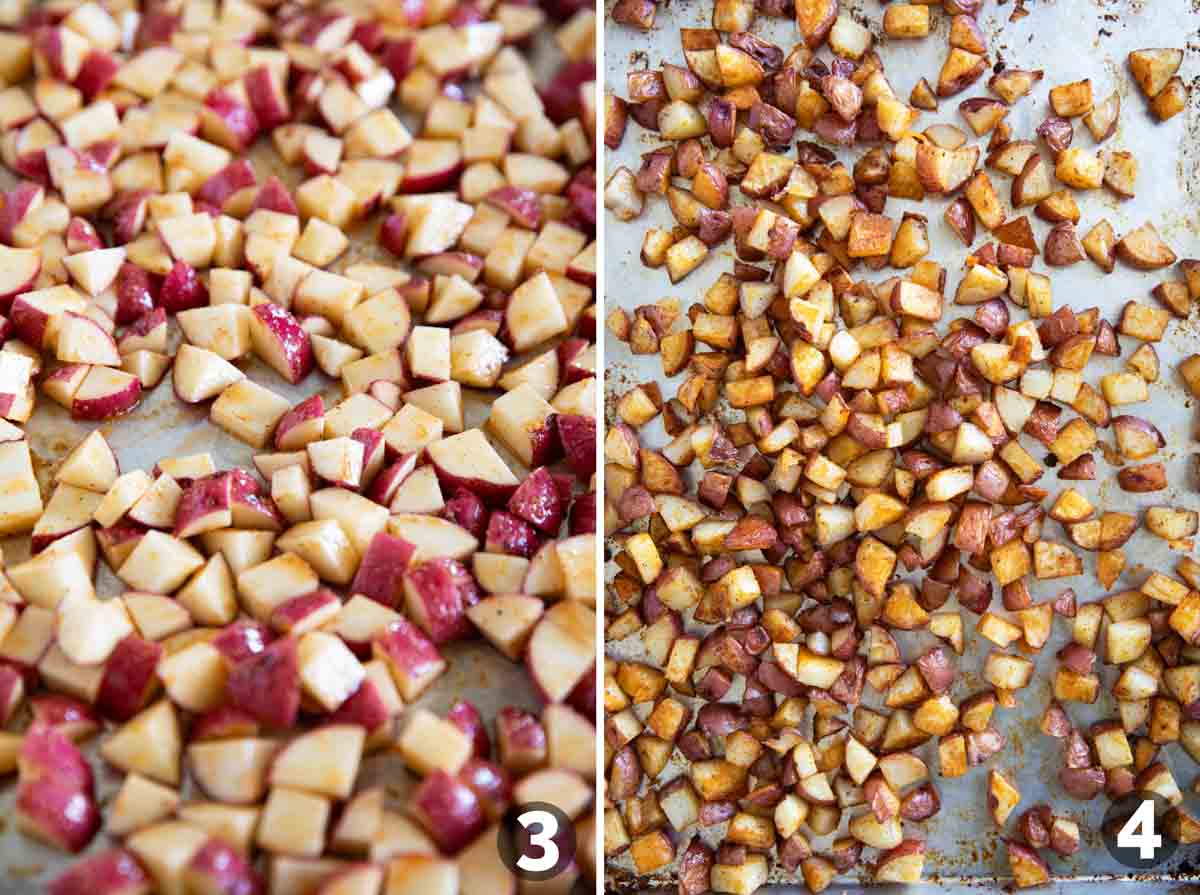 Potatoes before and after being roasted.