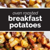 Breakfast potatoes collage with text bar in the middle.