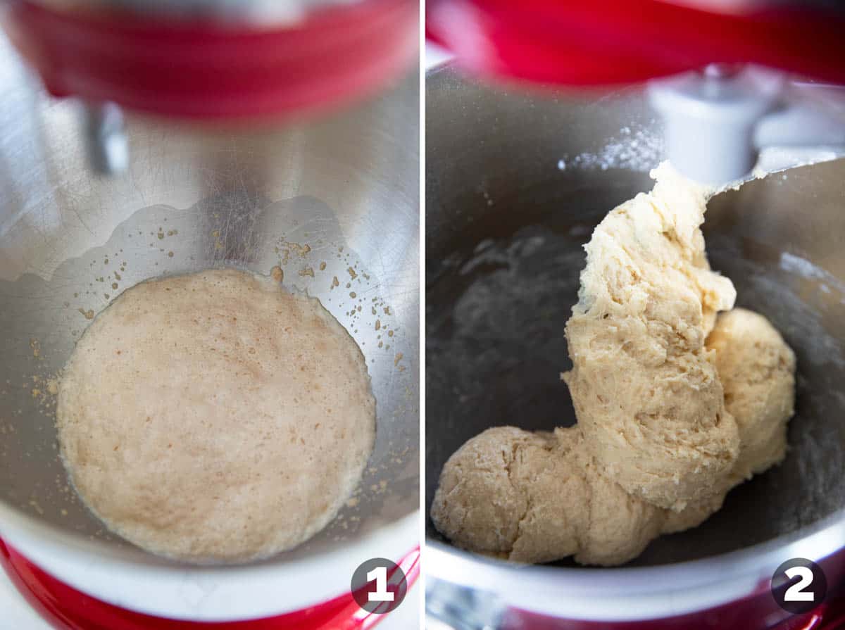 Blooming yeast and adding ingredients to make brioche rolls.