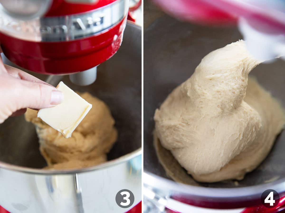 Adding butter to brioche dough and mixing fully.