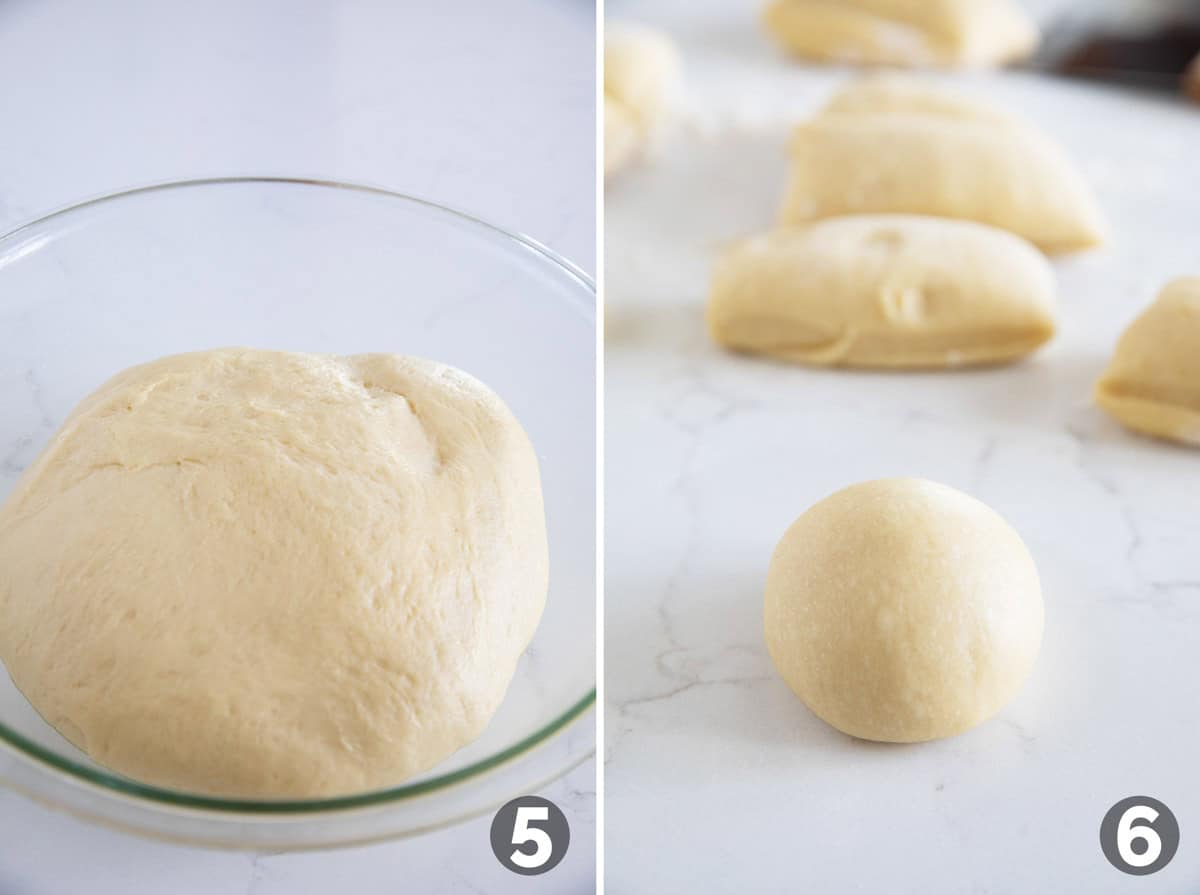 Rising brioche dough, and forming into balls for rolls.