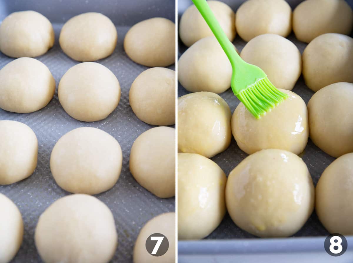 Placing dough in a pan to rise, then brushing with an egg wash.