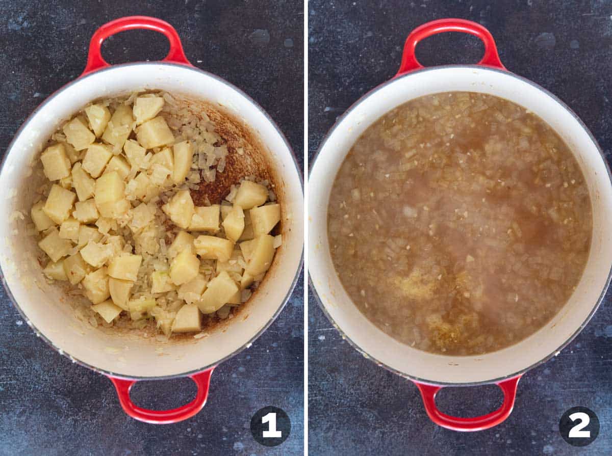 Cooking potatoes, onions, and garlic, then adding broth for Cheddar Cheese Soup.