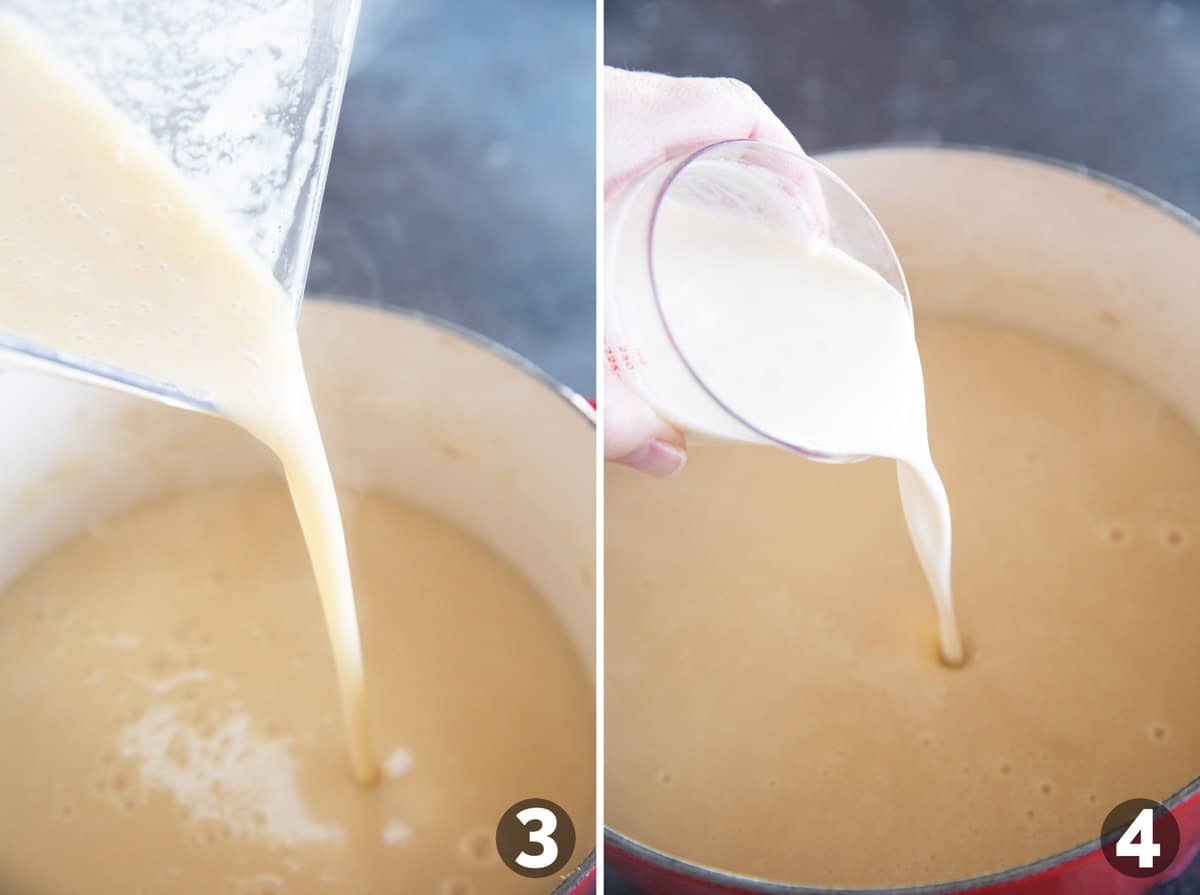 Pureeing ingredients, then adding cream for Cheddar Cheese Soup.