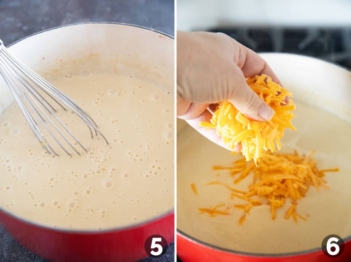 Mixing ingredients and adding shredded cheese to Cheddar Cheese Soup.