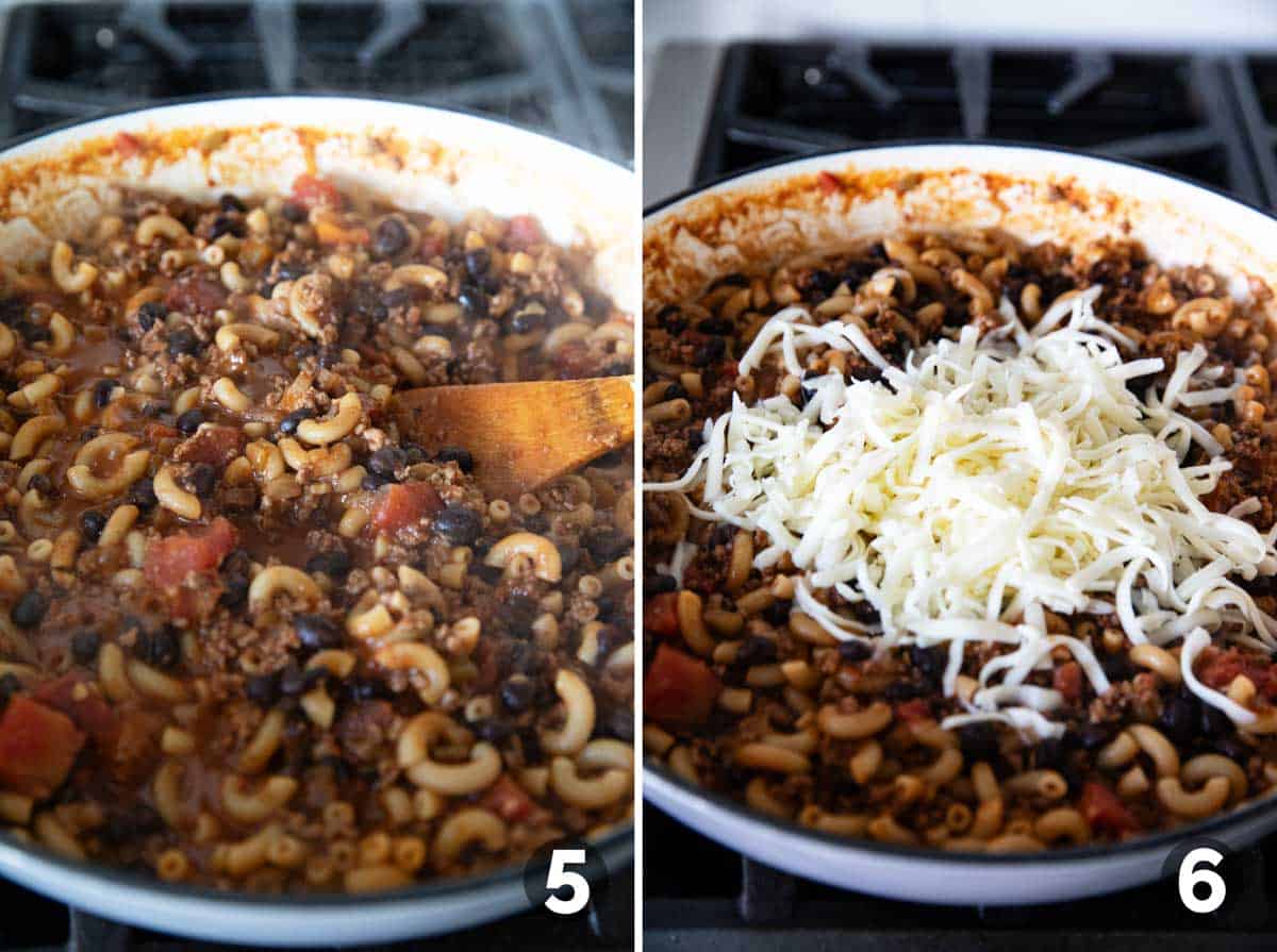 Cooking pasta and adding cheese to Chili Mac.