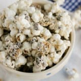 Bowl filled with Chocolate Chip Cookie Popcorn.