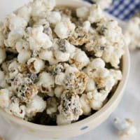 Bowl filled with Chocolate Chip Cookie Popcorn.