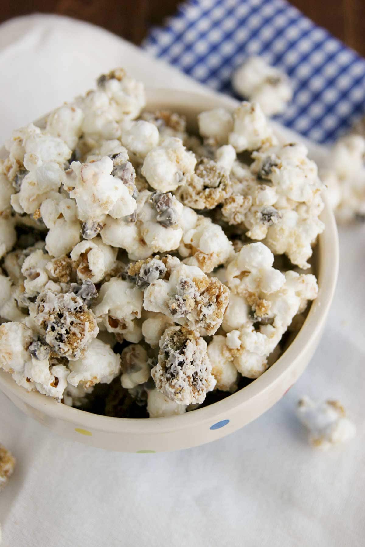 Bowl filled with Chocolate Chip Cookie Popcorn.