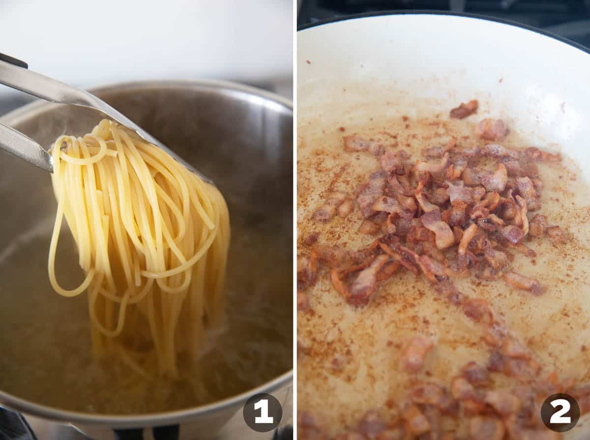 Cooking pasta and cooking bacon.