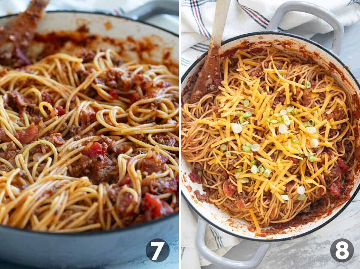 Mixing cowboy spaghetti and topping with cheese and green onions.