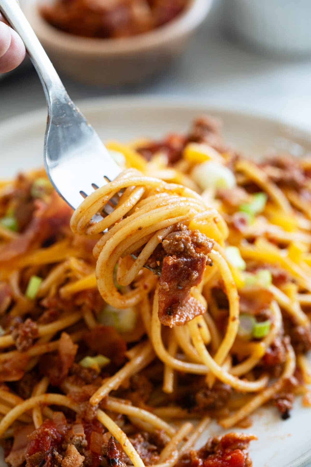 Fork full of Cowboy Spaghetti.