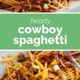 Cowboy Spaghetti collage with text bar in the middle.