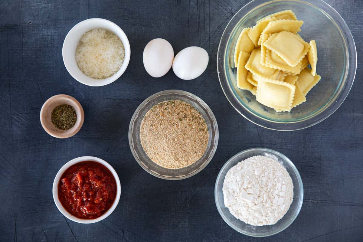 Ingredients for fried ravioli.