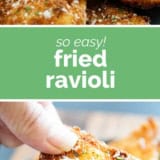 Fried Ravioli collage with text bar in the middle.