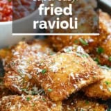 Fried Ravioli with text overlay.