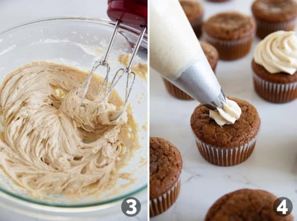 Making brown sugar cream cheese frosting and piping on top of gingerbread cupcakes.