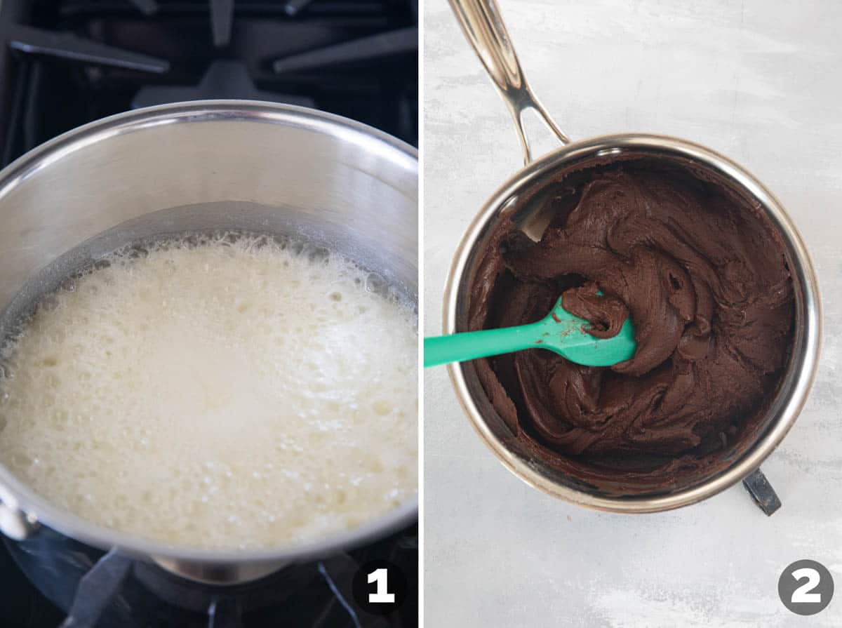 Melting ingredients for Peppermint Brownies.