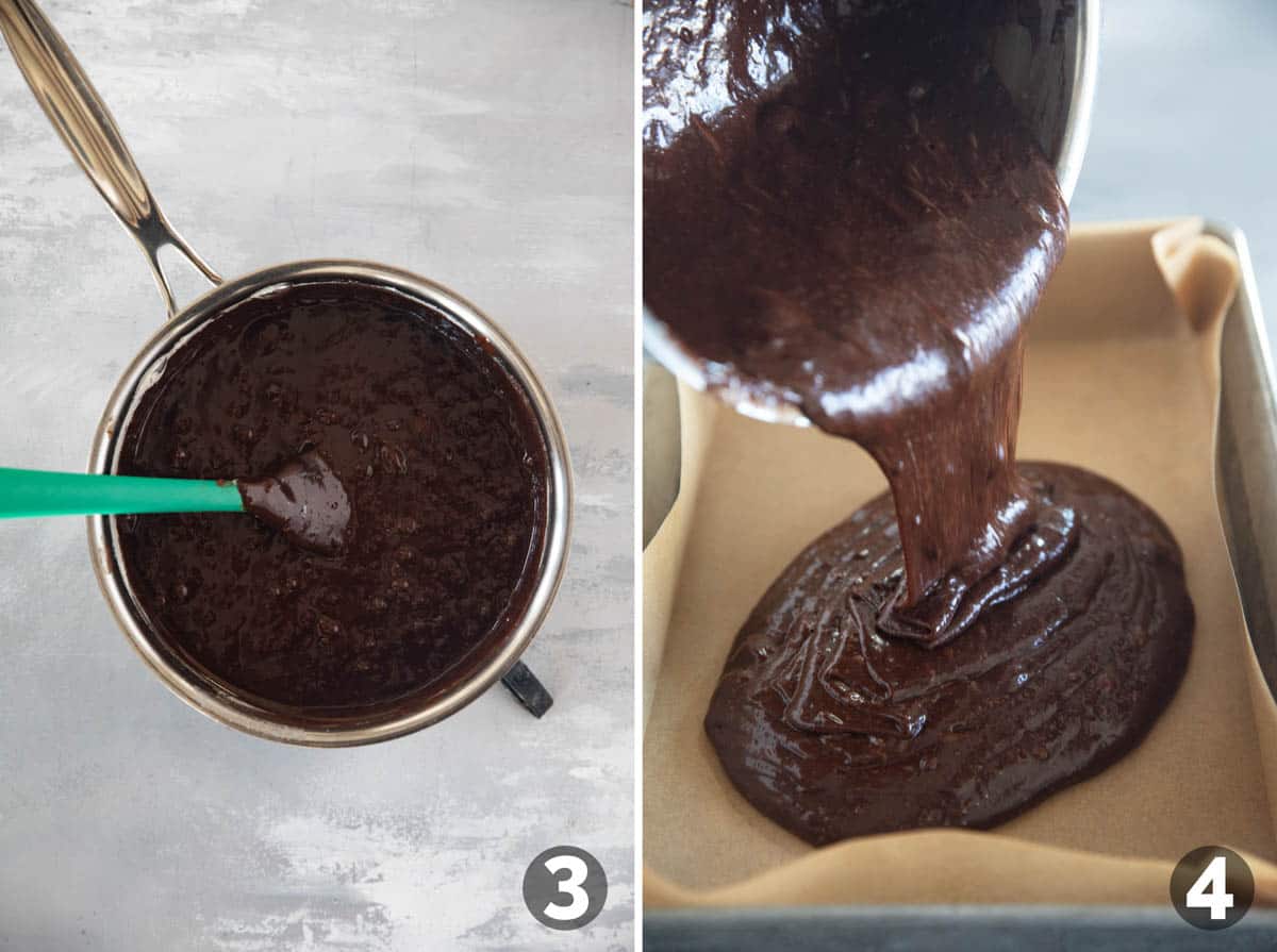 Adding all ingredients to brownie batter and pouring into a prepared baking dish.