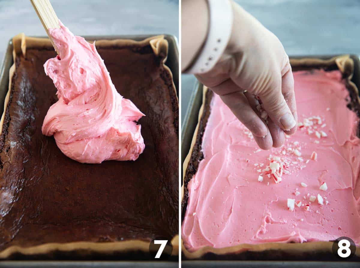 Topping Peppermint Brownies with frosting and crushed candy canes.