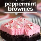 Peppermint Brownie with a bite taken from it with text overlay.