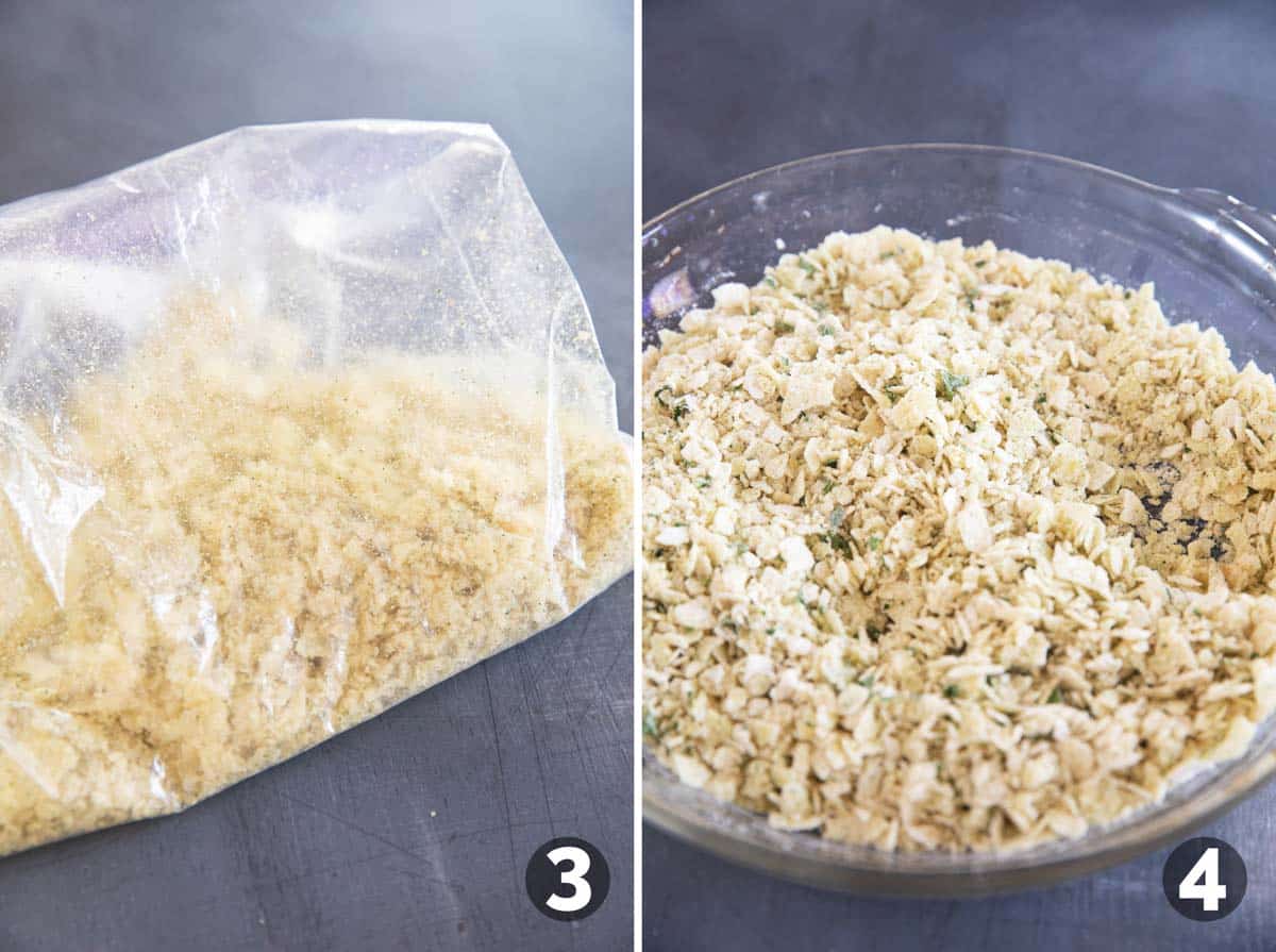 Photo collage showing crushing potato chips then mixing with parsley and flour in a shallow dish.