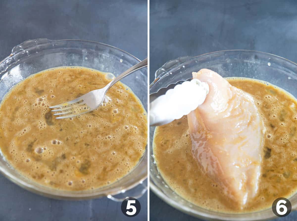 Photo collage showing mixing eggs in a dish, then dipping chicken breast in the egg mixture.