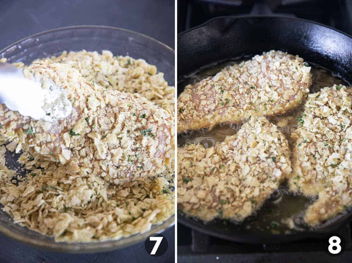 Collage showing breading chicken with crushed potato chips and then frying the chicken in a skillet.