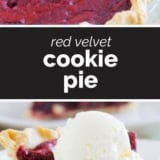 Red Velvet Cookie Pie collage with text bar in the middle.