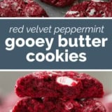 Red Velvet Peppermint Gooey Butter Cookies collage with text bar in the middle.