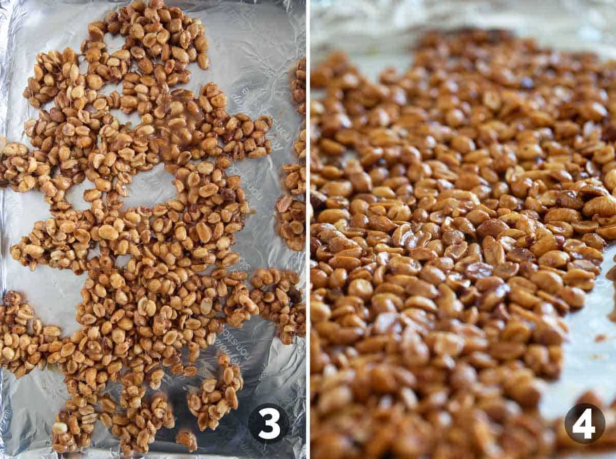 Cooking toffee peanuts on a baking sheet.