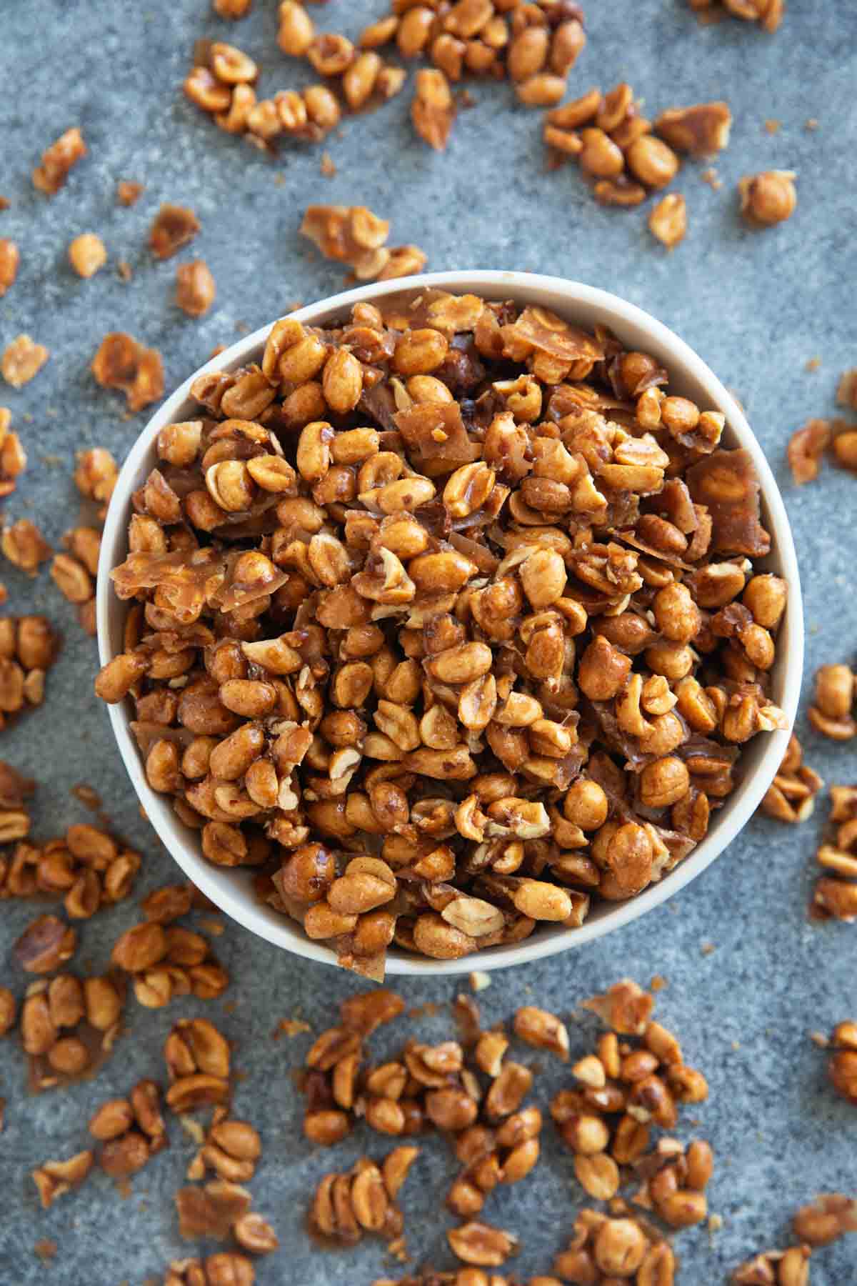 Bowl overflowing with Toffee Peanuts.