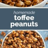 Toffee Peanuts collage with text bar in the middle.