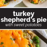 Turkey Shepherd's Pie with Sweet Potatoes collage with text bar in the middle.