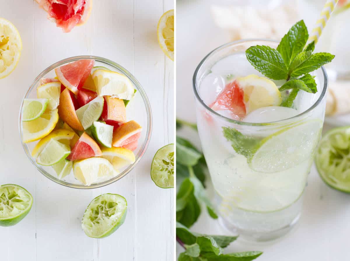 collage with sliced citrus fruit and a nojito mocktail made with the fruit.